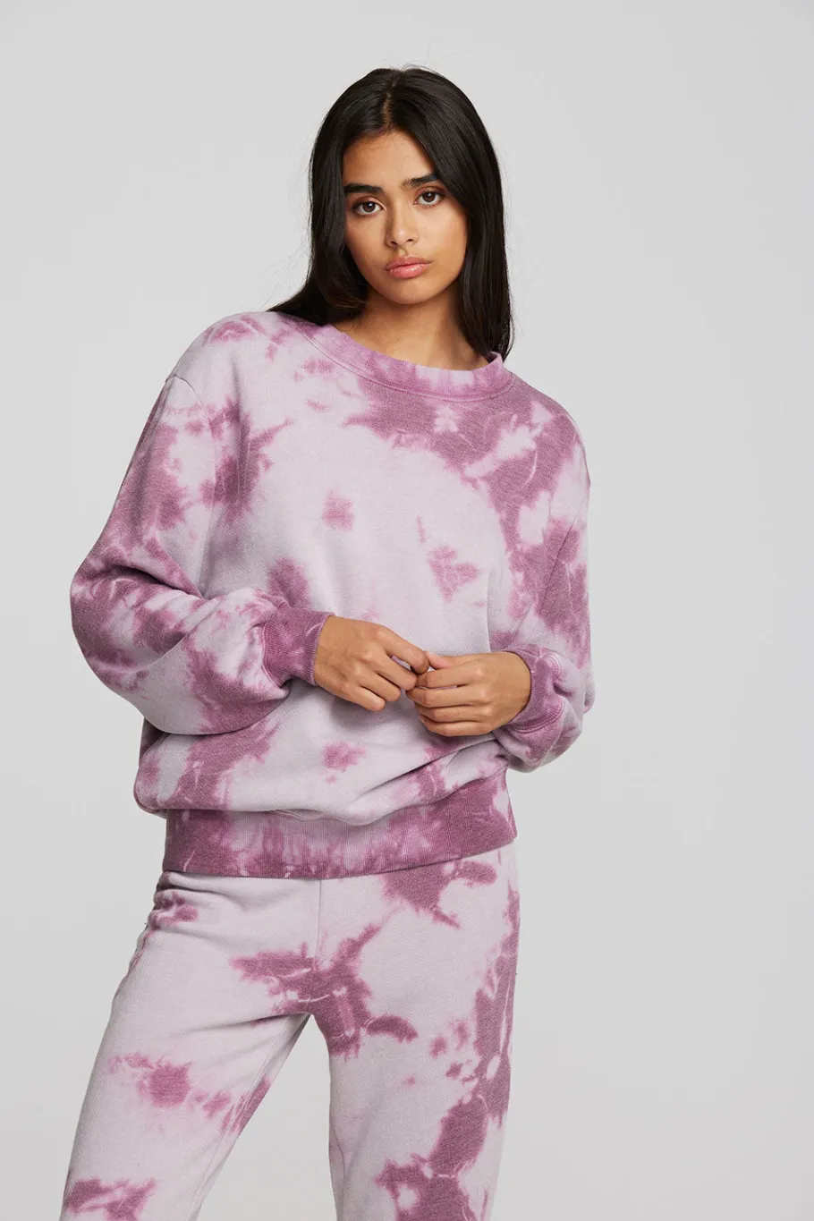 New Chaser Brand Zuma Cotton Terry Crewneck Pullover With Distressed Detail Long Sleeve