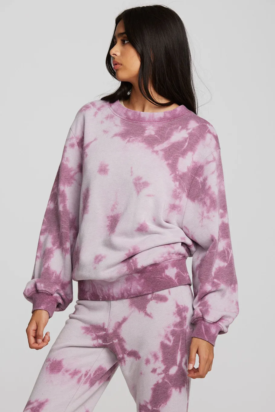 New Chaser Brand Zuma Cotton Terry Crewneck Pullover With Distressed Detail Long Sleeve